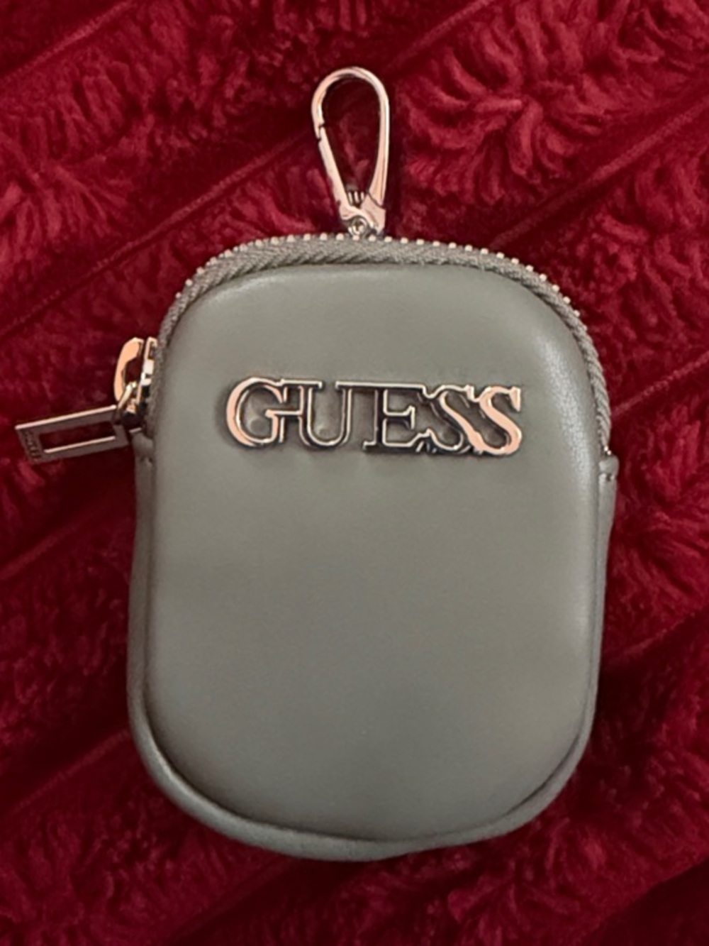 Guess Olive-Grey Mini Zip Key Pouch with Gold Logo